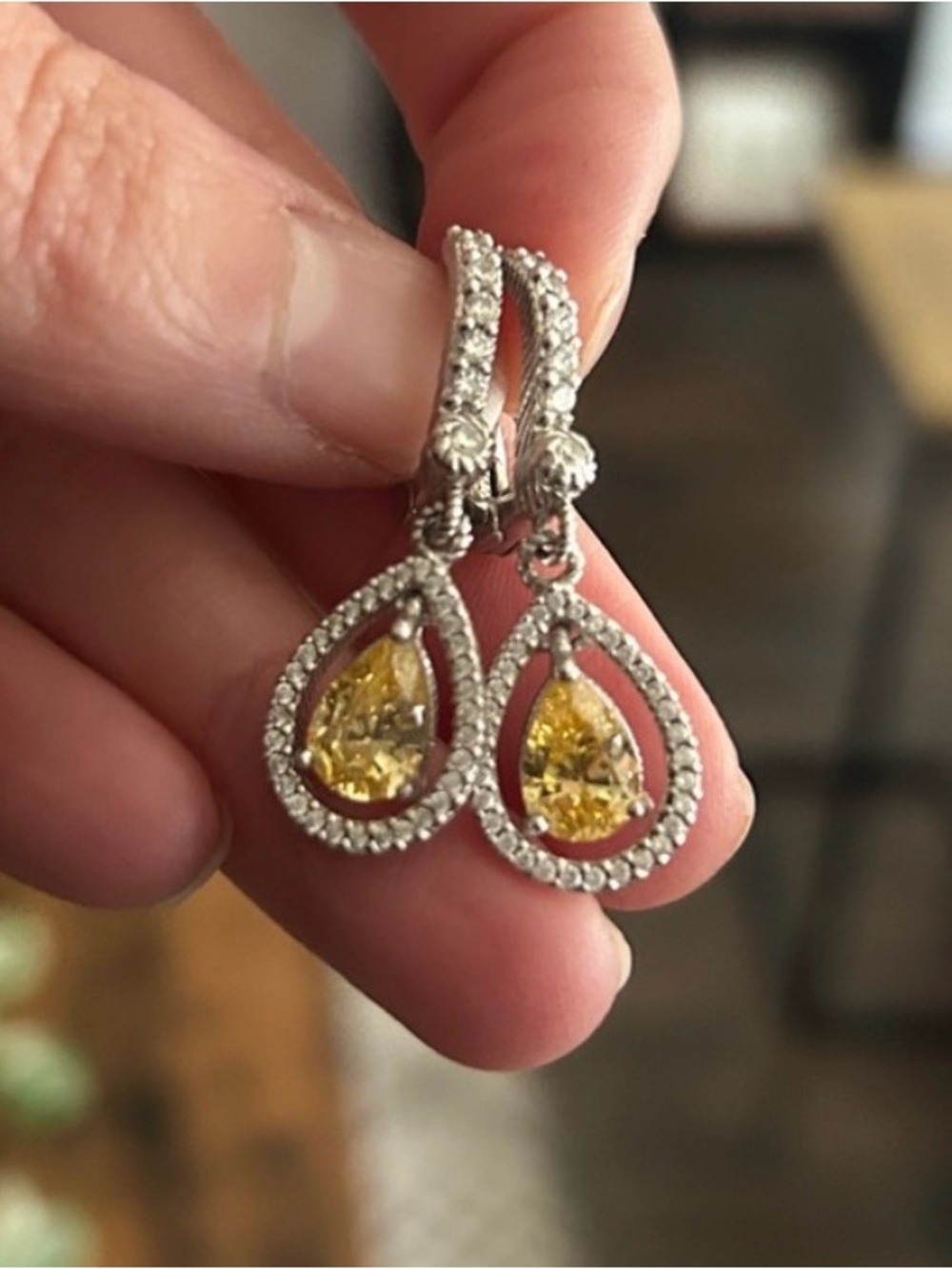 Judith Ripka Canary Yellow and Silver Teardrop Crystal Drop Earrings